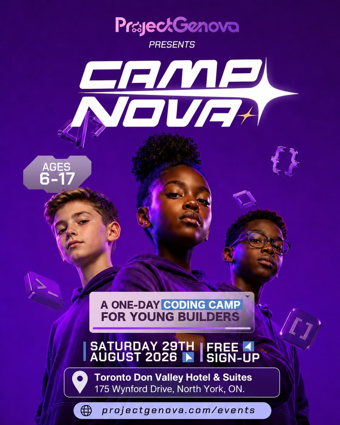 Camp Nova flyer for a free one-day coding camp on August 29, 2026 at Toronto Don Valley Hotel and Suites in North York, Ontario