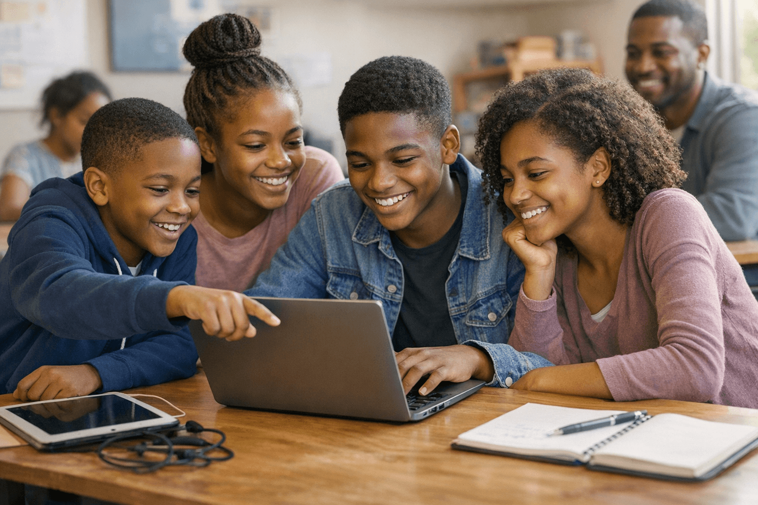 Black learners working together on a laptop