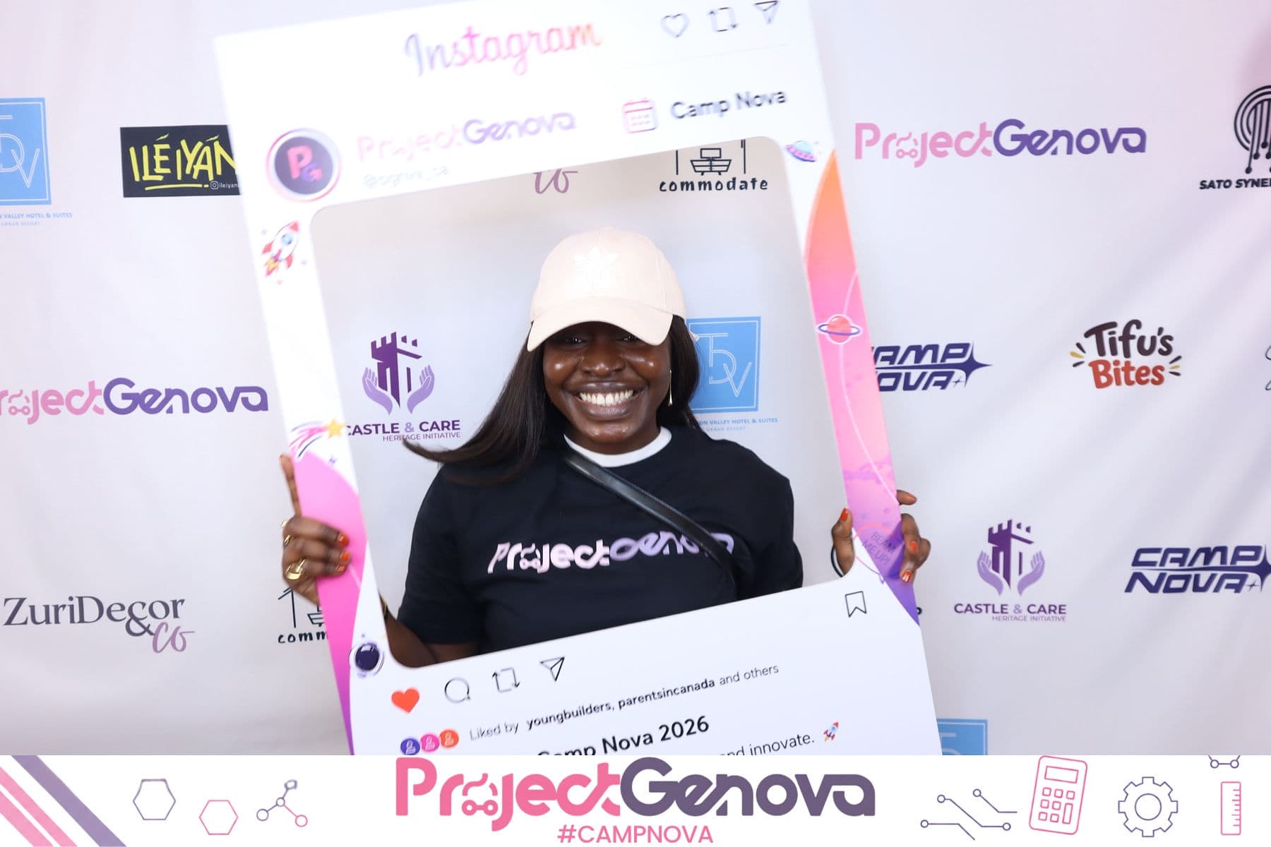 A camper with the Camp Nova Instagram photo frame