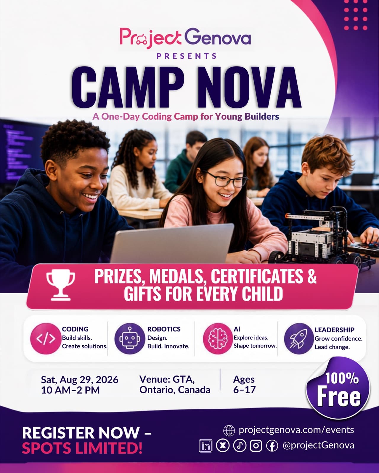 Camp Nova flyer for a free one-day coding camp on August 29, 2026 in the GTA, Ontario, Canada
